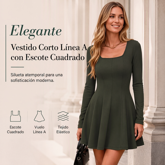 👗 Vestido mini de mujer de manga larga con cuello cuadrado – estilo moderno, silueta favorecedora y frescura | El vestido que combina la elegancia del cuello cuadrado con la comodidad de la manga larga | ¡Envío gratis a todo Chile!